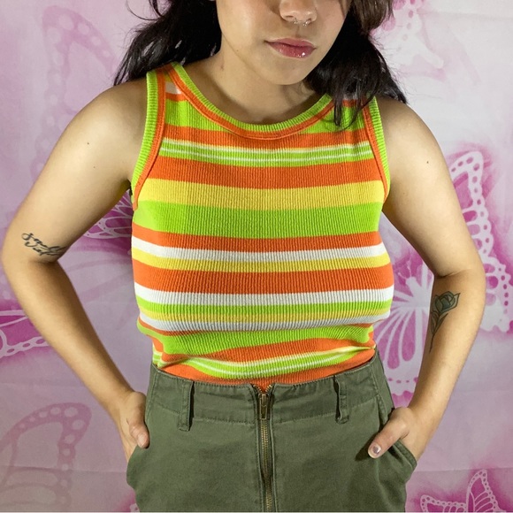 Vintage neon Orange and green stripped tank top ♡ - Picture 4 of 4